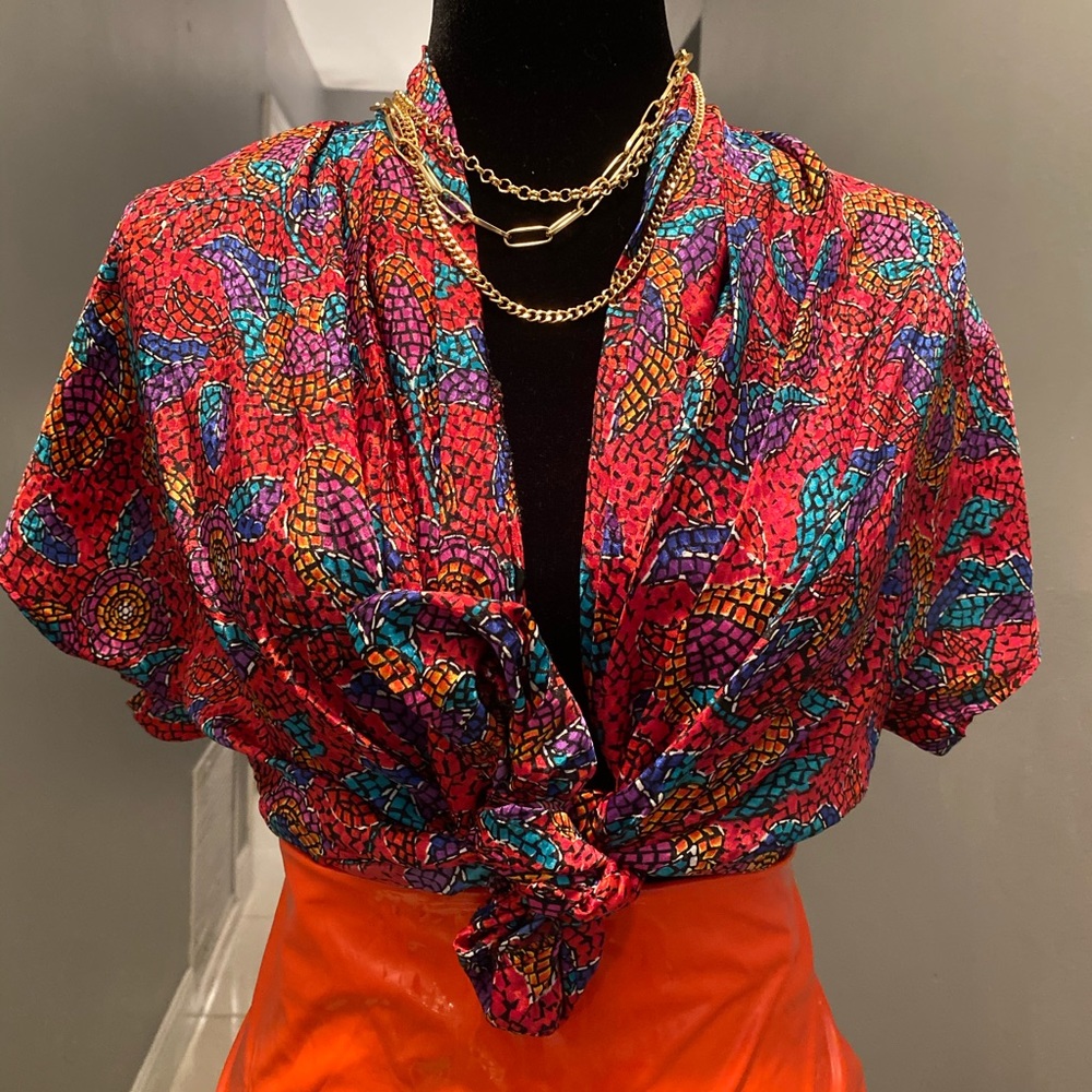 Color Blocking button up Blouse Top